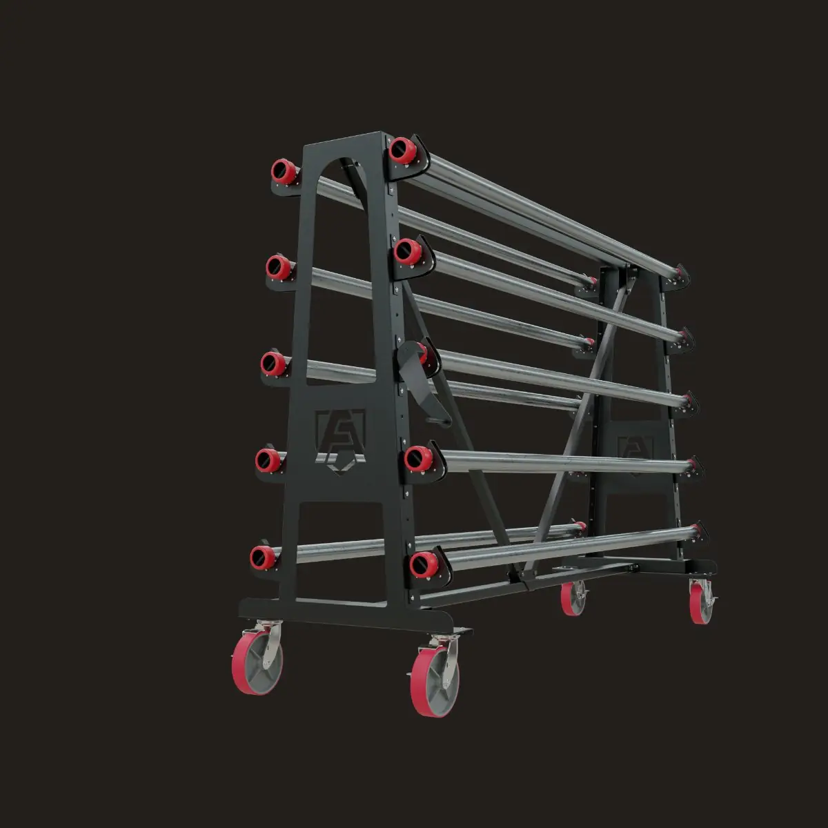 A-frame storage rack holding floor-protection rolls